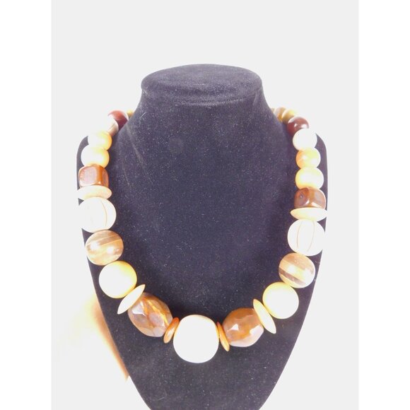 Vintage Chunky Bead Necklace Brown Cream Gold Oversized Statement Retro Jewelry - Picture 3 of 9